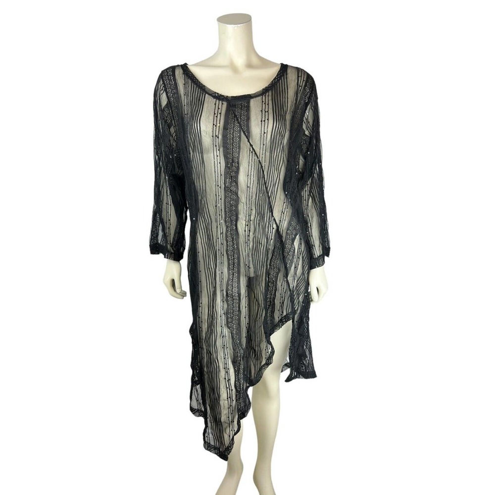 Krista Larson Black Sequin Mesh Tunic Asymmetrical Embellished Art to Wear Sheer
